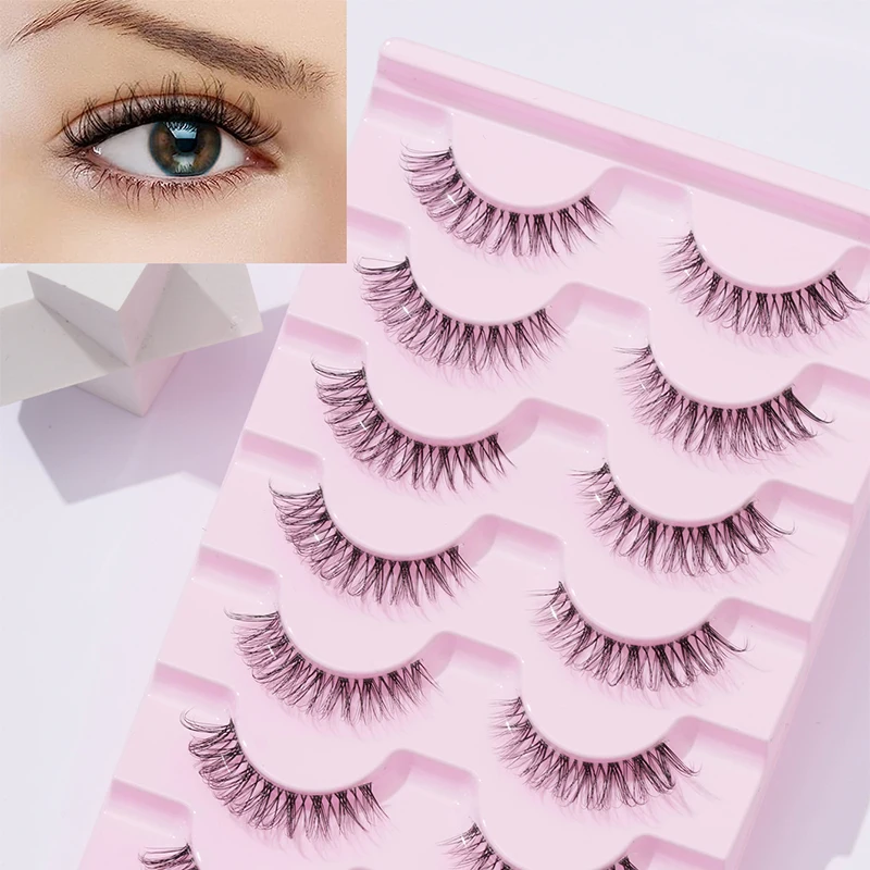 7 Pairs of Natural D Curled Transparent Stem Crossed False Eyelashes