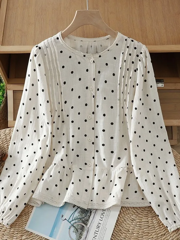 Women's Polka Dot Cotton Shirt Long Sleeve round Neck Design Sensation Autumn New Style Breathable Comfortable Loose Fit Top