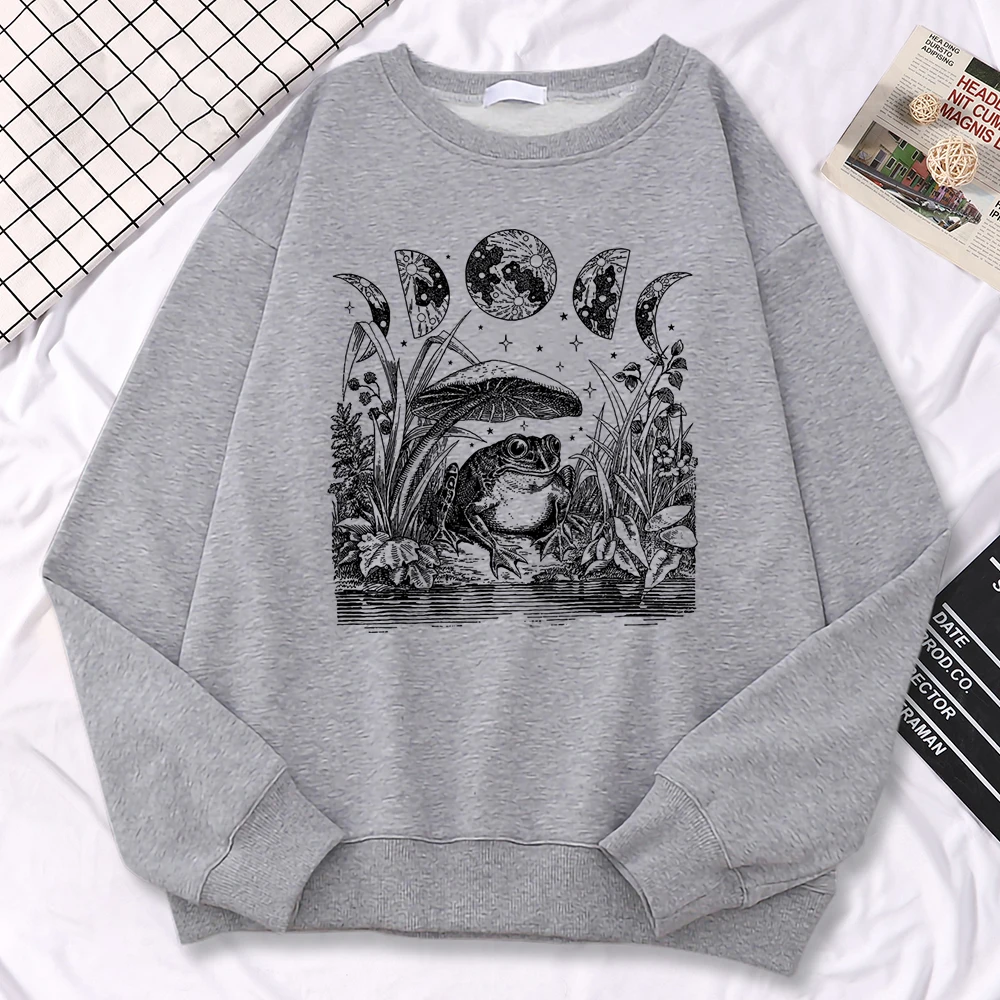 Fashion Casual Womens Pullover Cute Cottagecore Aesthetic Frog Fantasy Print Hoodies Loose Crewneck Sweatshirts Warm Fleece Tops