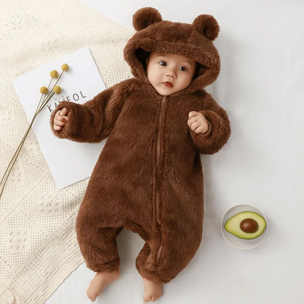 Kawaii Thick Warm Baby Rompers Coral Fleece Soft Velvet Infant Jumpsuits Hooded Zipper Bear Shape Newborn Pajamas Newborn Wear