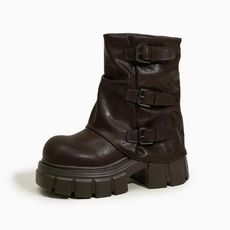 9cm 2026 Women’s Platform Ankle Boots Chunky Heel Hidden Wedge Short Motorcycle Riding Style Buckle Shoes for Fall Winter Boots view 2
