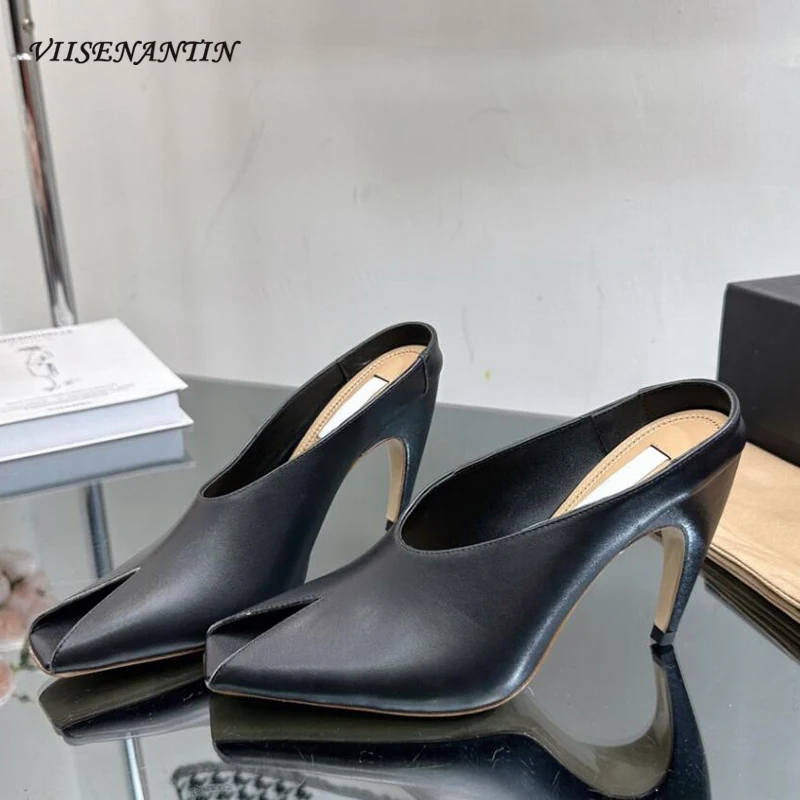 

2024 New Design Runway Shoe Peep Toe High Heel Women Slides Patent Leather Shallow Mouth Solid Half Slipper Sexy Lady Party Shoe