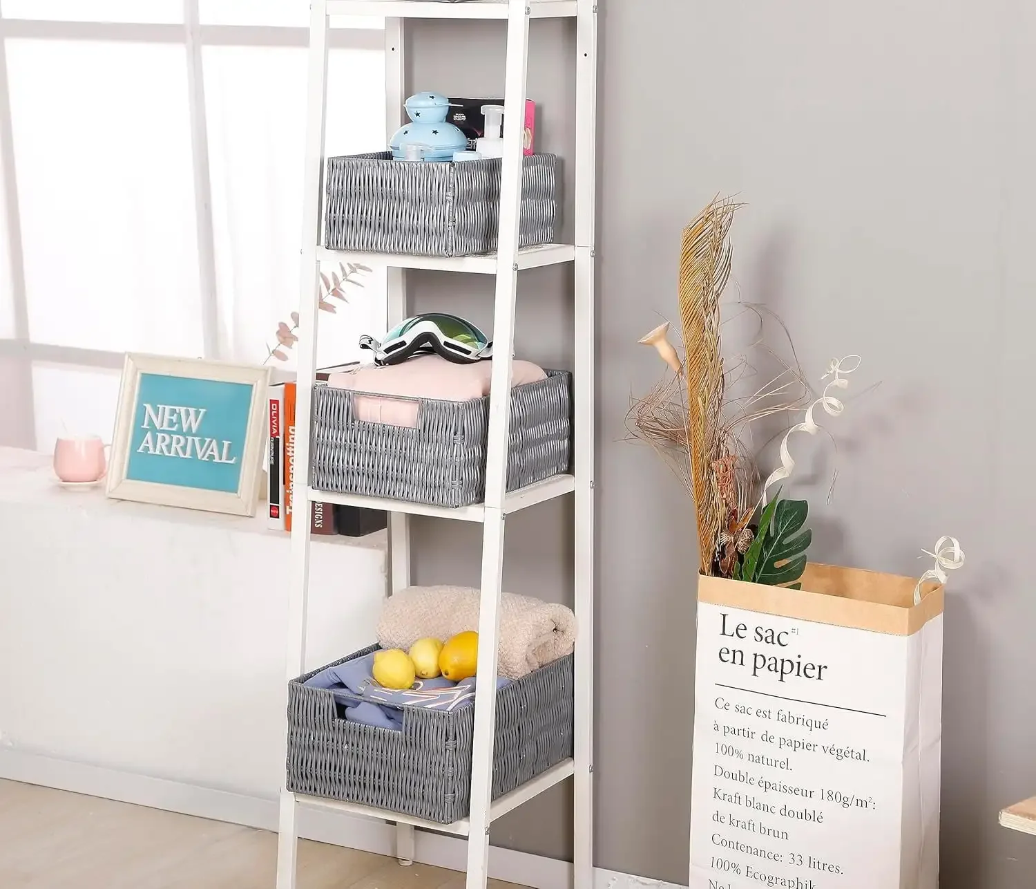 Cesta de armazenamento retangular de vime para rack de armazenamento, rack de armazenamento, rack de acabamento, rack de armazenamento tecido à prova d'água, cinza, pacote com 3.