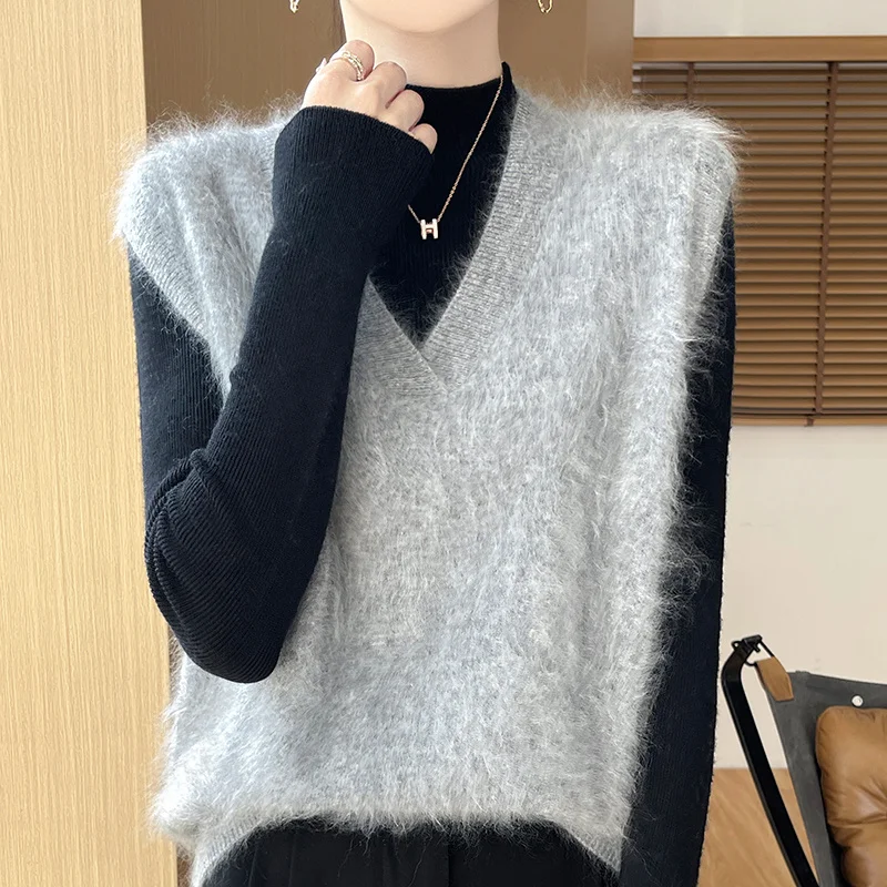 100% Cashmere Vest Women's V-Neck Sleeveless Knit Sweater Brushed Wool Loose Pullover Vest Loose Top Autumn and Winter Hot Sales