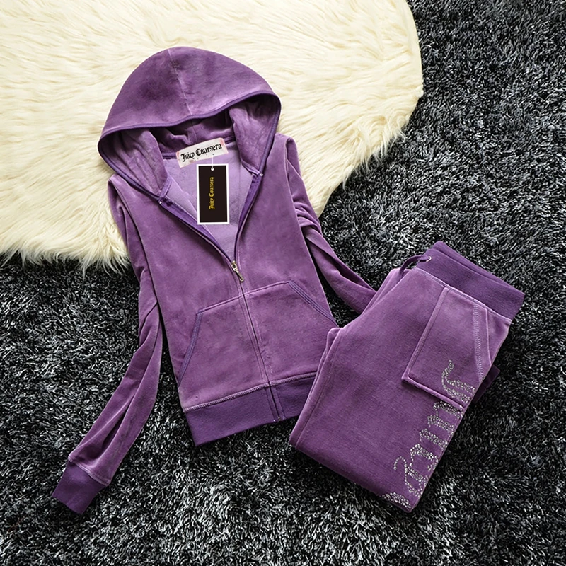 Y2k Velvet Tracksuit Women\'s Hoodies Diamonds Sweatshirt and Pockets Trousers Set for 2 Pieces Juicy Coursera Velours Suit