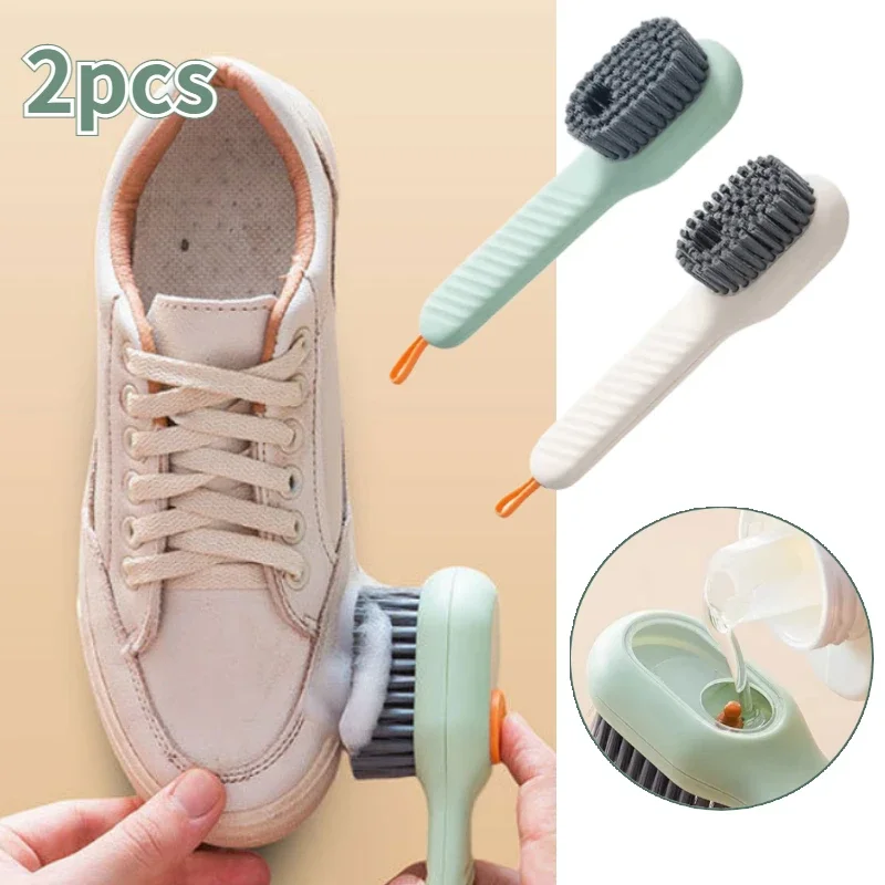 2Pcs Multifunction Cleaning Shoe Brush Soft Automatic Liquid Shoe Brush Long Handle Clothes Soap Brush with Hook Clean Tool