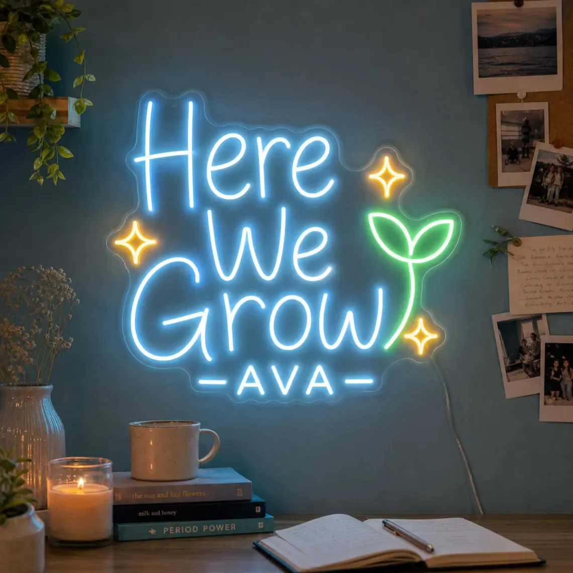 Here We Grow Neon Sign, College Dorm Decor, New Chapter Wall Art, Home Bedroom Decor New House Gift