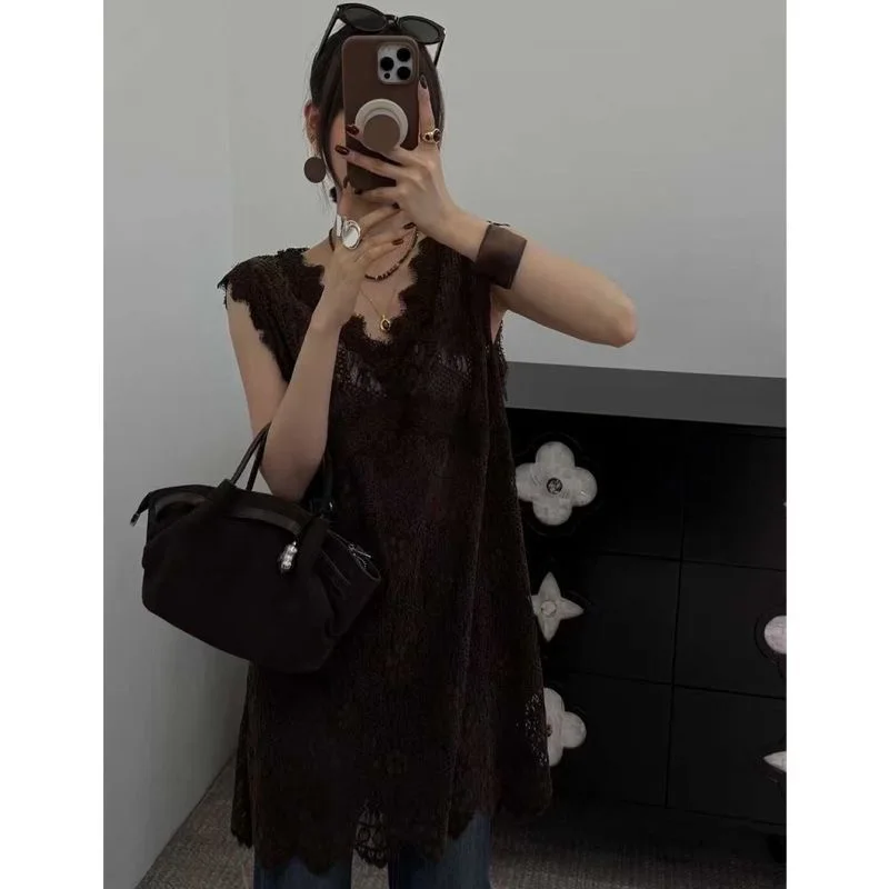 Abito senza maniche in pizzo con scollo a V trasparente a uno strato Primavera Estate Donna Abiti copricostume sexy scavati in cammello nero caffè