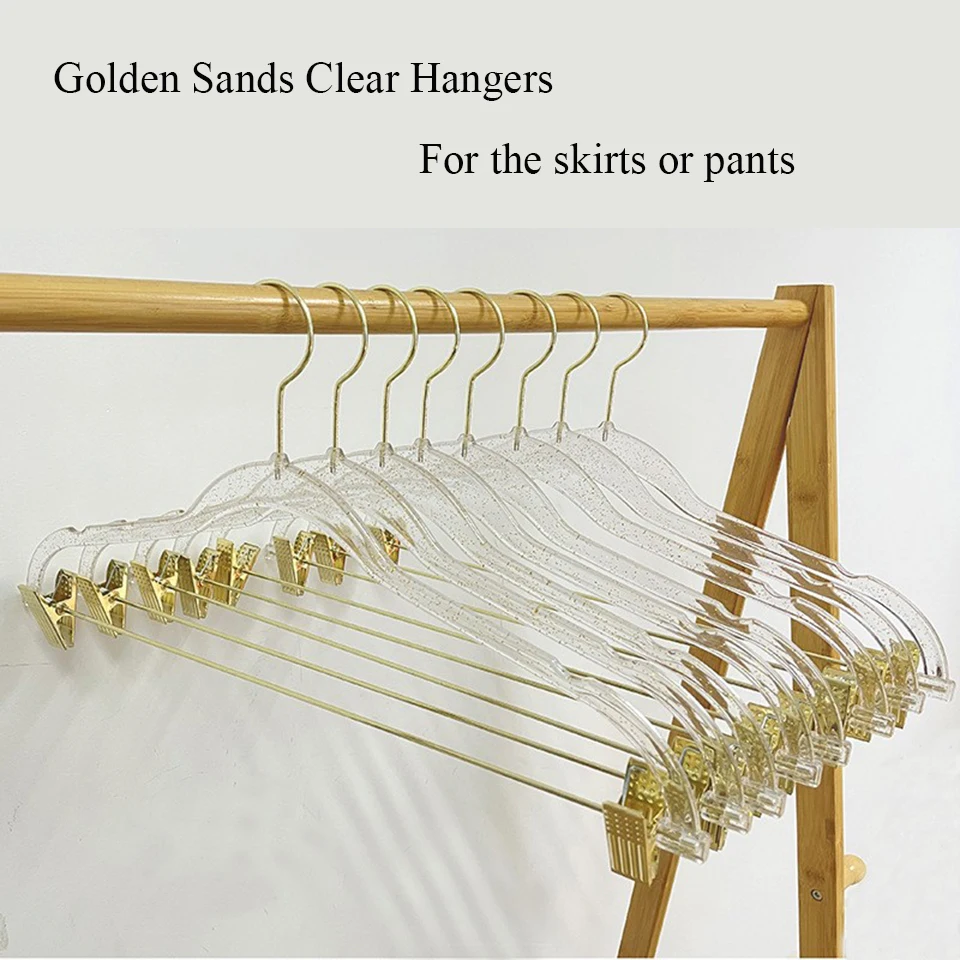 10 Pack Sparkling Golden or Silvery Clear Acrylic Store and Household Storage Clothes Hangers With Clips for Skirt or Pants