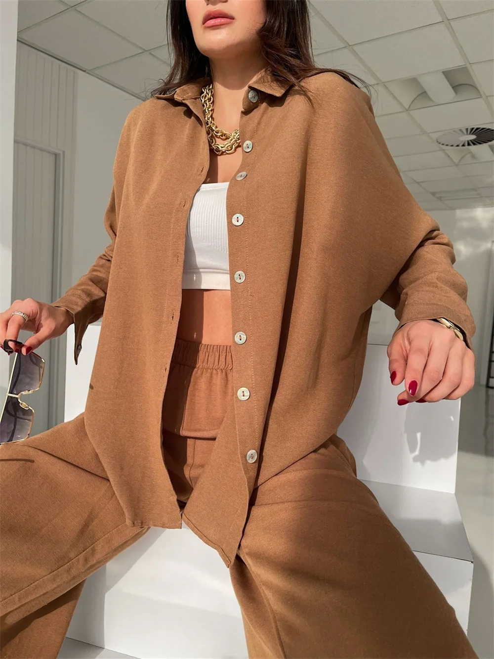 Camisa de manga longa topos harem calças terno feminino primavera casual terno duas peças conjunto camisa lapela ol moda solto outfits