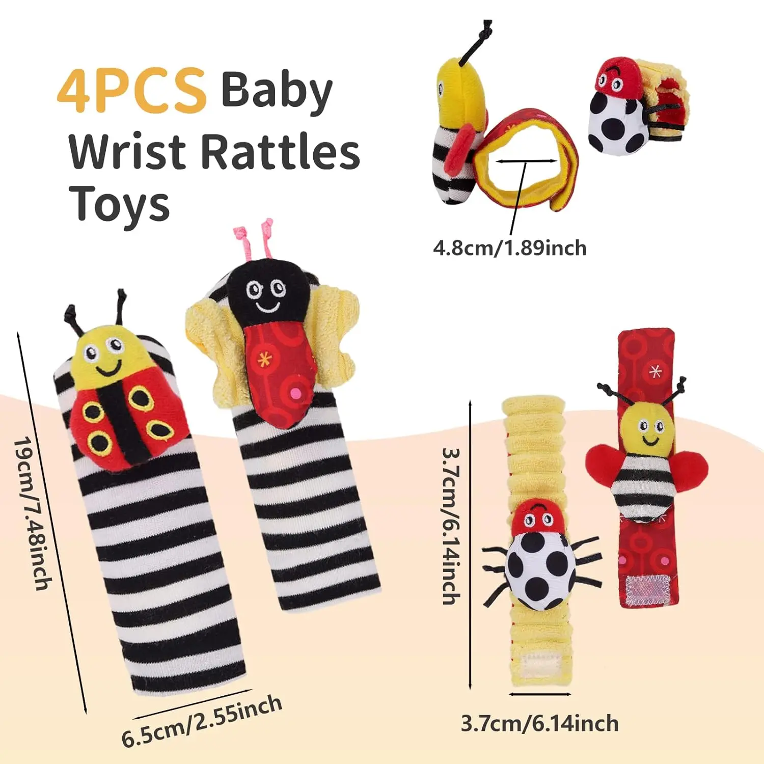 4PCS Cartoon Plush Socks Wrist Strap Rattles Baby Toys 0-12 Months Newborn Infant Kids Animal Sock Foot Toy Gift Soft Pacifier