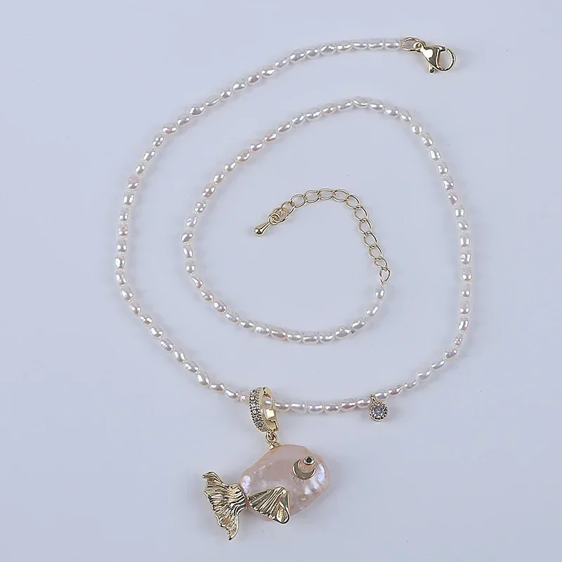 New design pink Keshi pearl with 3mm white rice shape natural freshwater pearl string cute fish handmade necklace