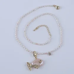 New design pink Keshi pearl with 3mm white rice shape natural freshwater pearl string cute fish handmade necklace