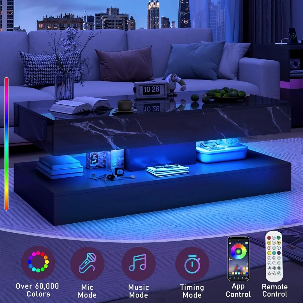 Large High-Glossy LED Coffee Table with Sliding Drawers, Modern Living Room Storage Solution featuring Marbling Print Design