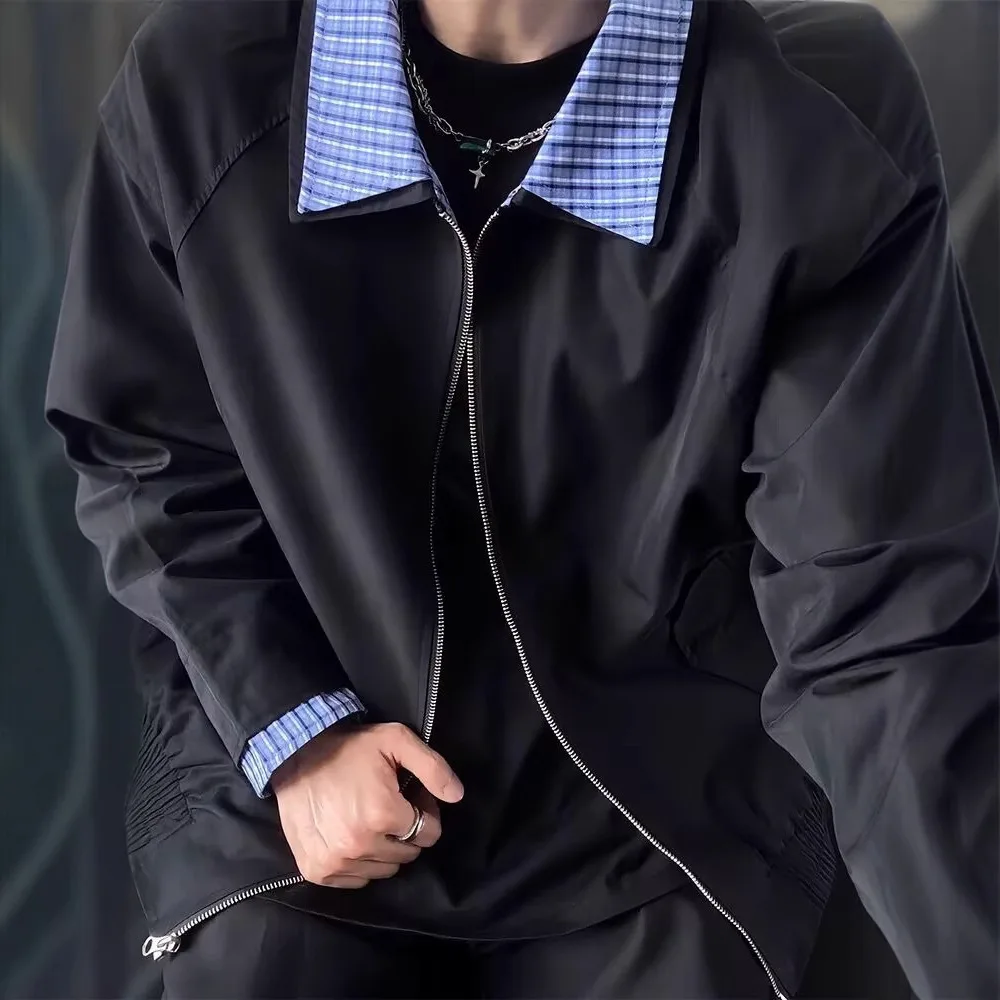 New Fashion Autumn Men Plaid Color-coded Turn-down Collar Long Sleeve Zipper Casual Trendy Simple Jackets Male Coats Clothes