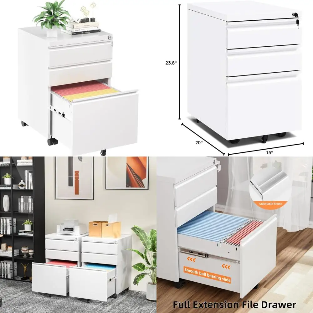 

White 3-Drawer Lockable Mobile File Cabinet with Wheels for Small Metal Storage Under Desk