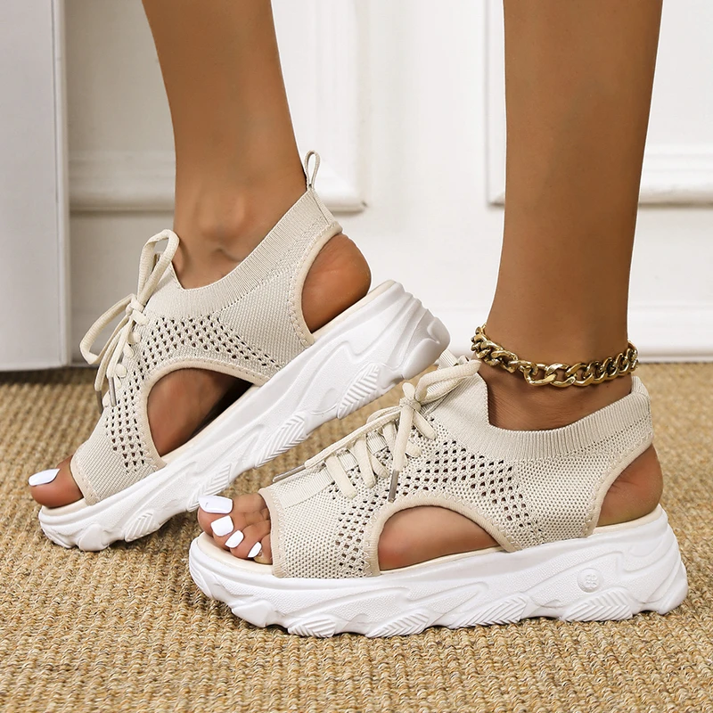 Summer Women Sandals Mesh Casual Shoes White Thick-Soled Lace-Up Sandalias Open Toe Beach Shoes for Women New Zapatos Mujer