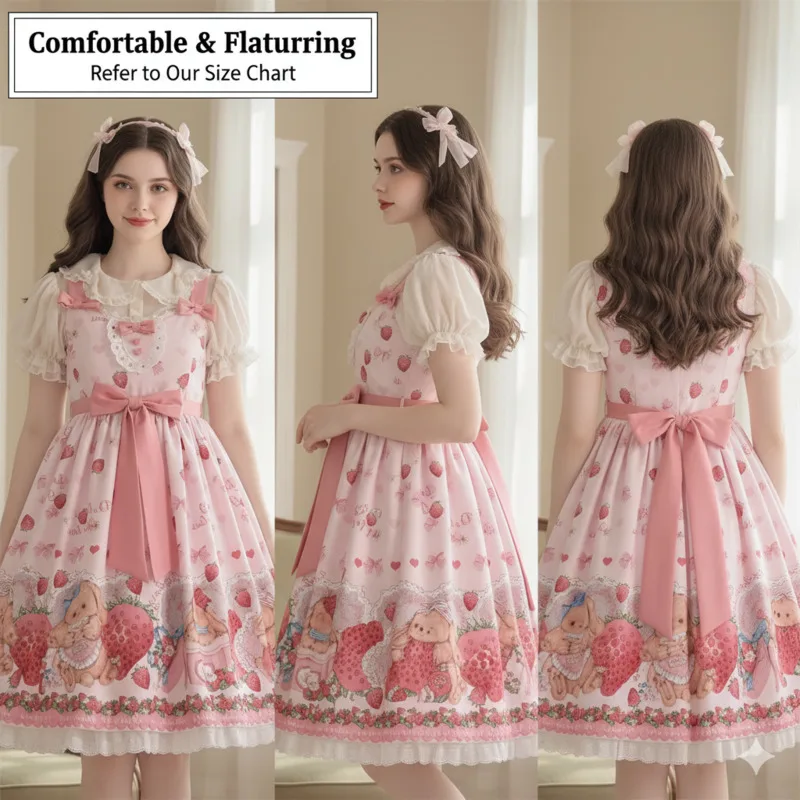 

Bow Strawberry Bunny Lolita JSK Dresses Y2K Vintage A-Line Suspender Dress Sweet Gift Box Edition Kawaii Lolita Outfit Dress New