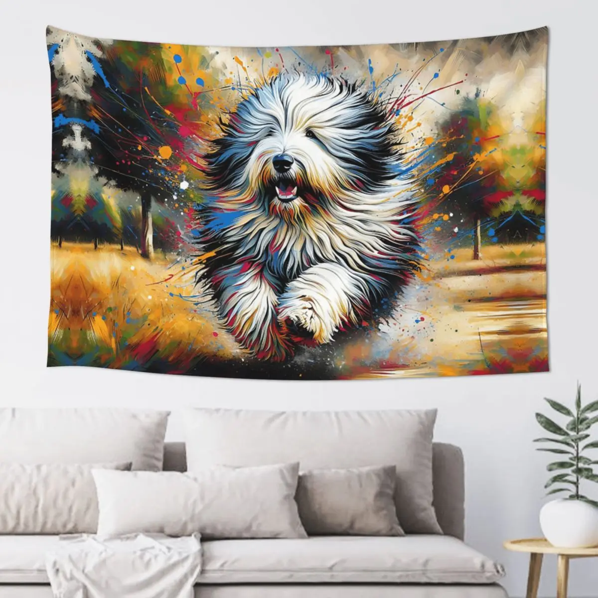Old English Sheepdog Dog Portrait Acrylic Art Tapestry Hippie Wall Hanging Aesthetic Home Decoration Tapestries for  Dorm Room