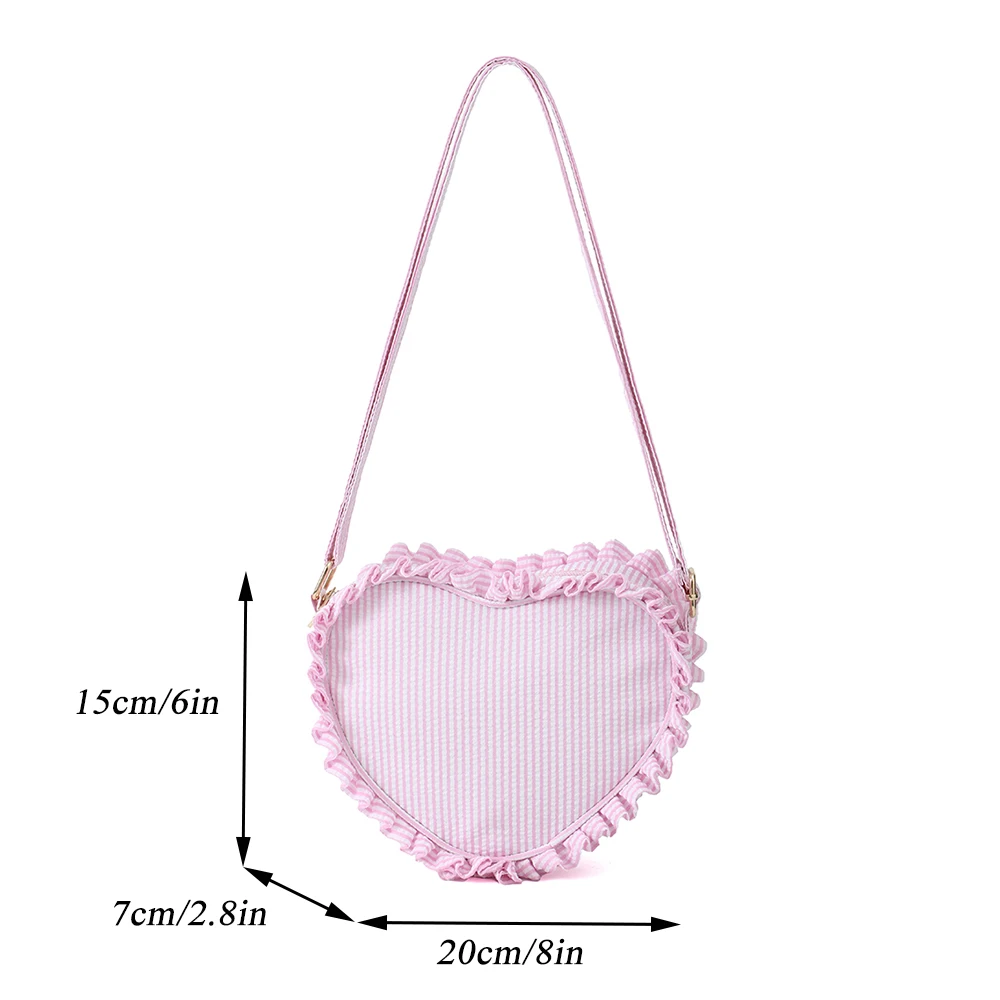 Ruffle Heart Shape Crossbody Bag Fashion Stripe Pink Girl Seersucker Zipper Sling Bags For Women Outdoor Travel Mini Purse