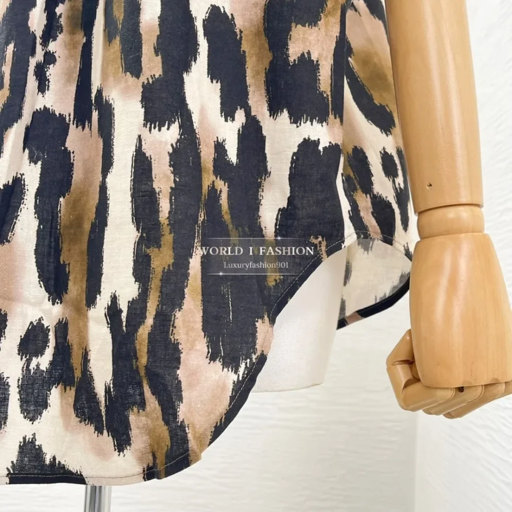 

Brown Leopard Print Short Sleeve T Shirt Blouse Tops 2025 Linen Cotton