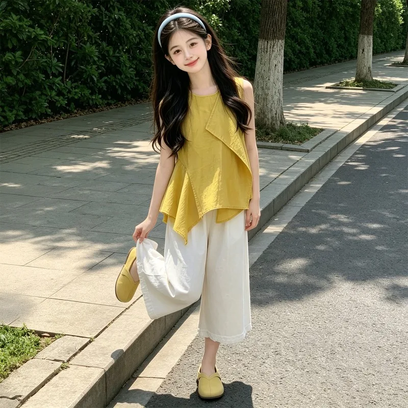 Children Clothes Girls Summer 2026 Sleeveless Irregular Tops and White Wide Leg Cropped Pants Casual Loose Comfortable