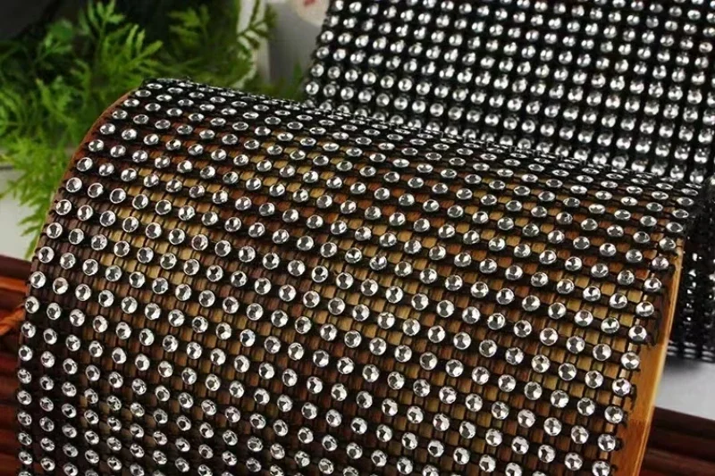 1 Yard Silver Round 24 Rows Black Base Sparkle Rhinestone Crystal Diamond Mesh Wrap Roll Ribbon
