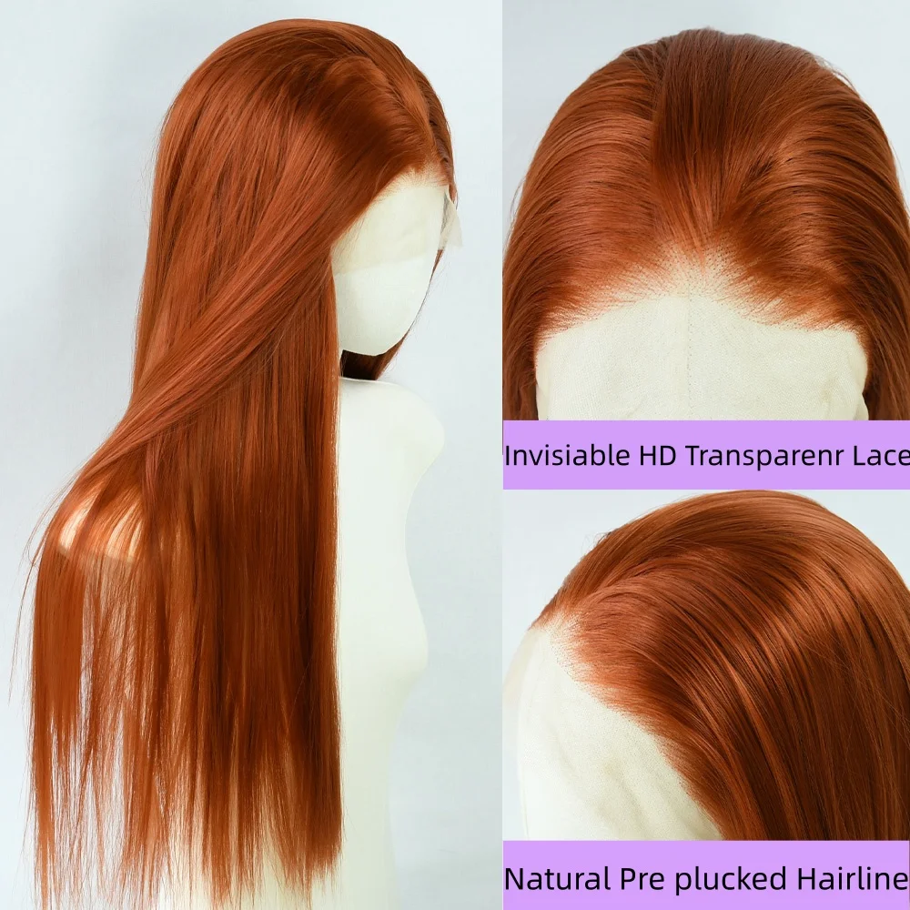 Прямой парик с рыжими костями, 13x4 HD, кружевной фронтальный парик, синтетические натуральные волосы, повседневная одежда, парики, термостойкие, косплей