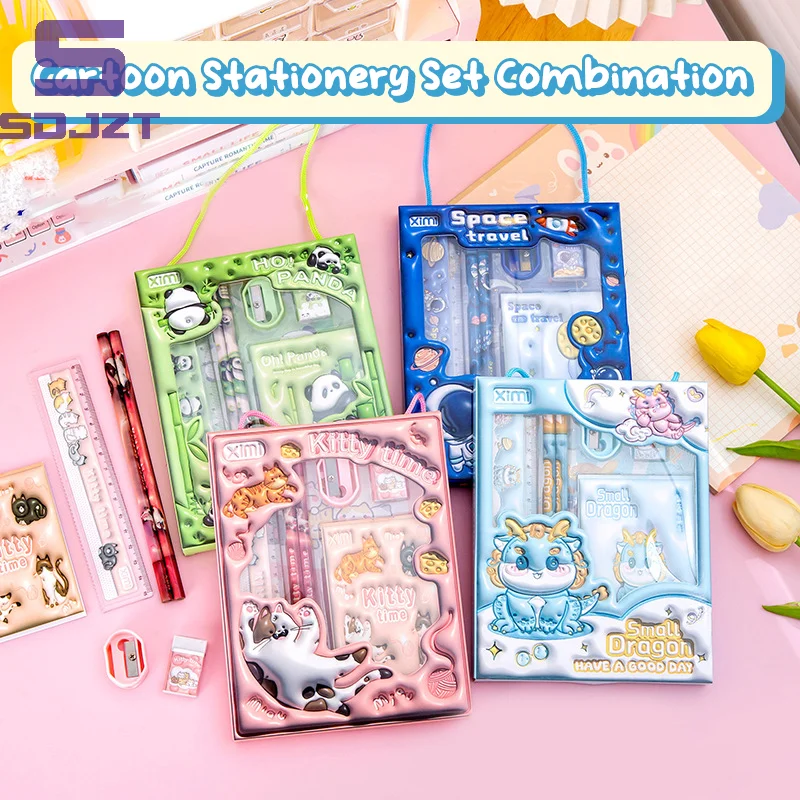 Cartoon Handheld Stationary Set Panda Pencil Dragon Eraser Astronaut Ruler Pencil Sharpener Cat Notebook W/Packaging Package