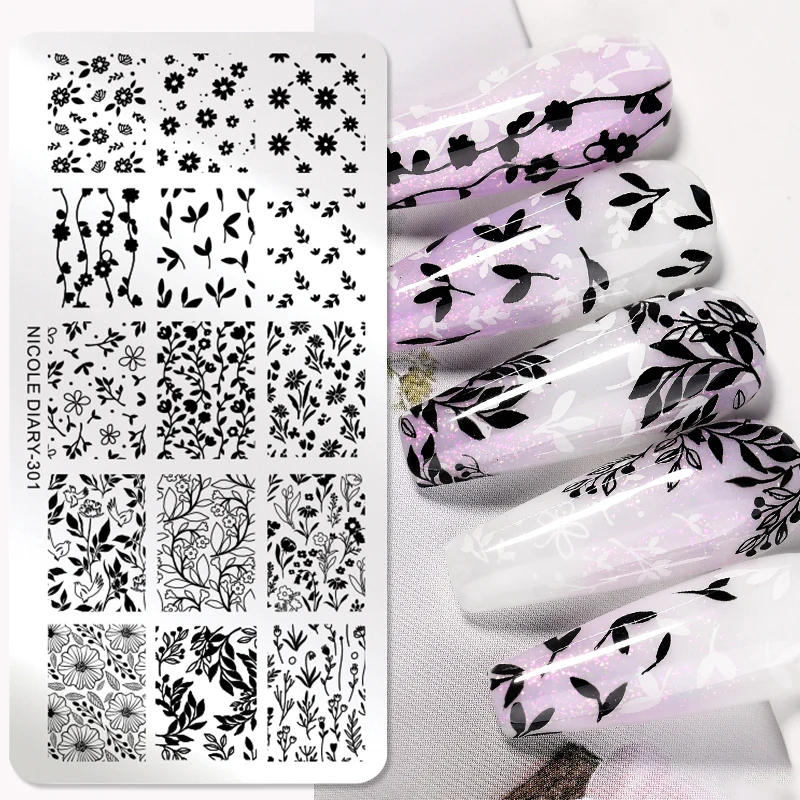 NICOLE DAGBOEK Bloemenbladeren Nagelstempelplaten Afbeeldingsoverdrachtsjabloon Geometrische bloem Roestvrij stalen stencil Nail Art Tools