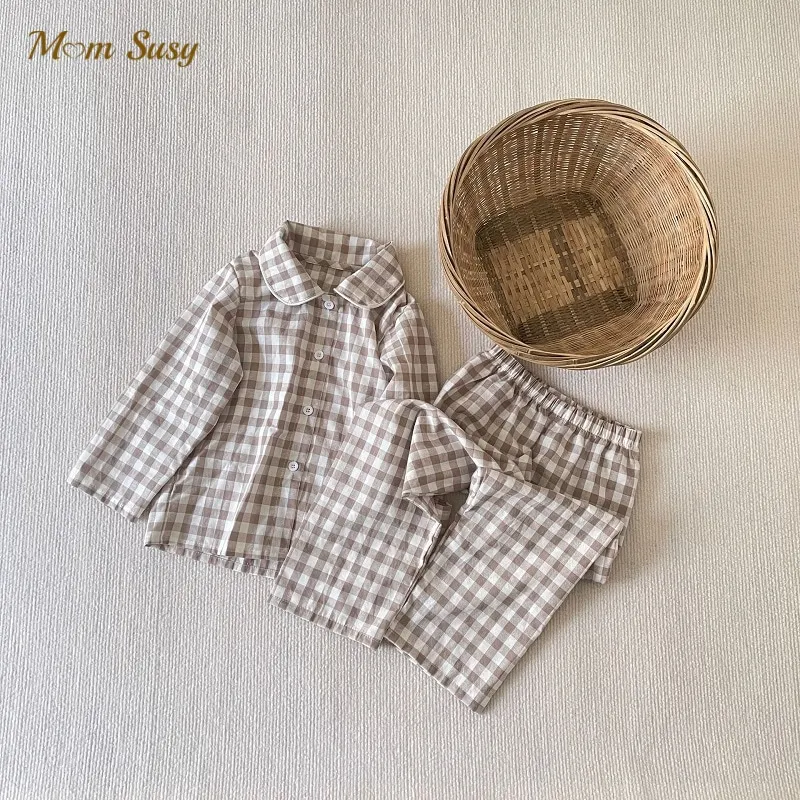 Baby Girl Boy Cotton Plaid Pajamas Clothes Set Shirt+Pant 2PCS Spring Autumn Infant Toddler Child Lounge Set Baby Home Suit 0-5Y