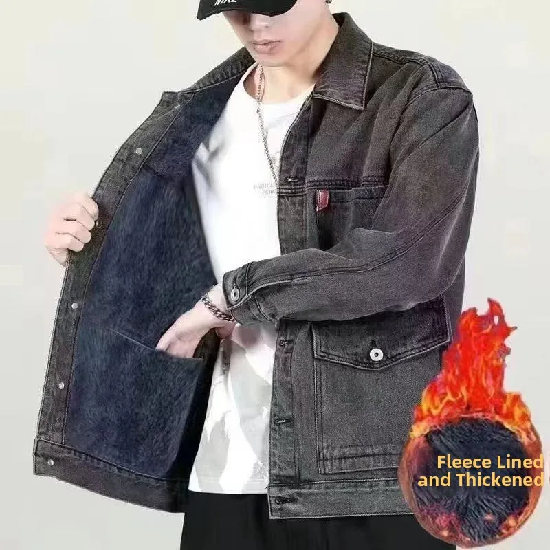 

Wear-Resistant Men's Fce-Lined Denim Jaet Outdoor Autumn Winter Warm Cotton Coat Casual Long Sve Flip-Collar Jaet