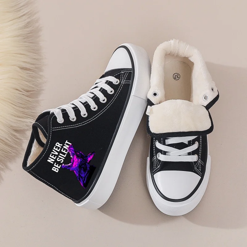 

Women's Black Fleece-Lined High-Top Canvas Shoes: Graphic Print Platform Sneakers. Warm for Autumn & Winter. Casual Daily Wear.