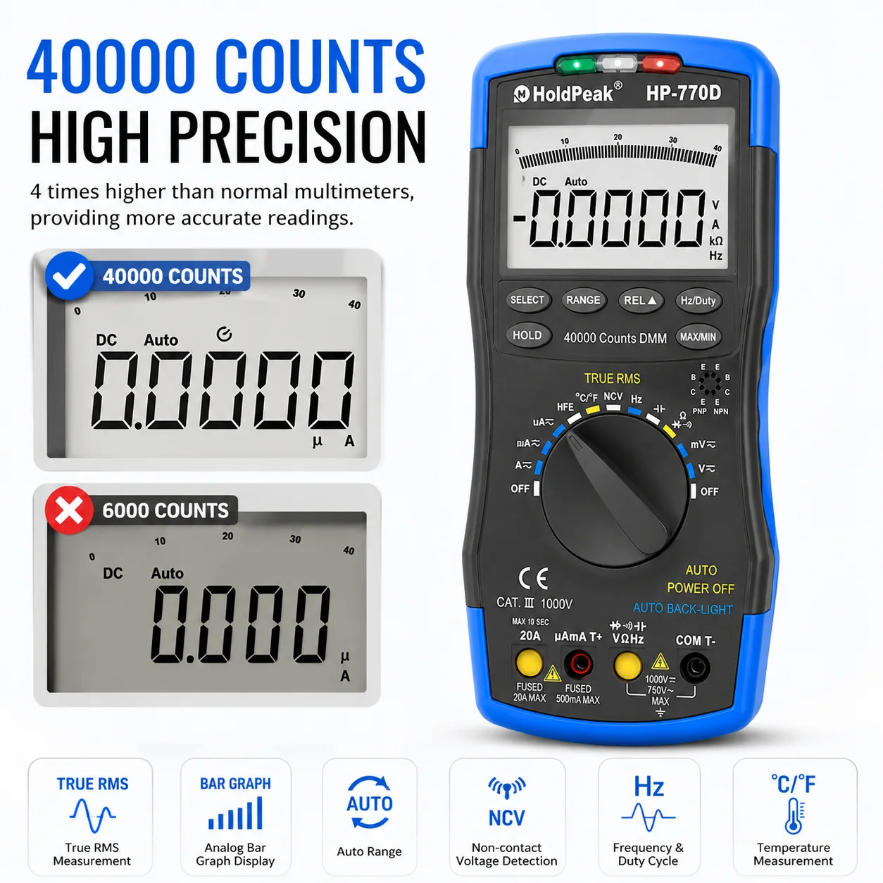 HP-770D True RMS Digital Multimeter 40000 Counts Auto Range NCV HVAC Voltage Current Tester with Temperature Test Capacitance