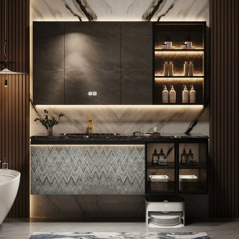 Hotel Style Bathroom Vanity with Marble Countertop Ceramic Sink & LED Cabinet Combo for Luxury Home & Hotel Projects furniture