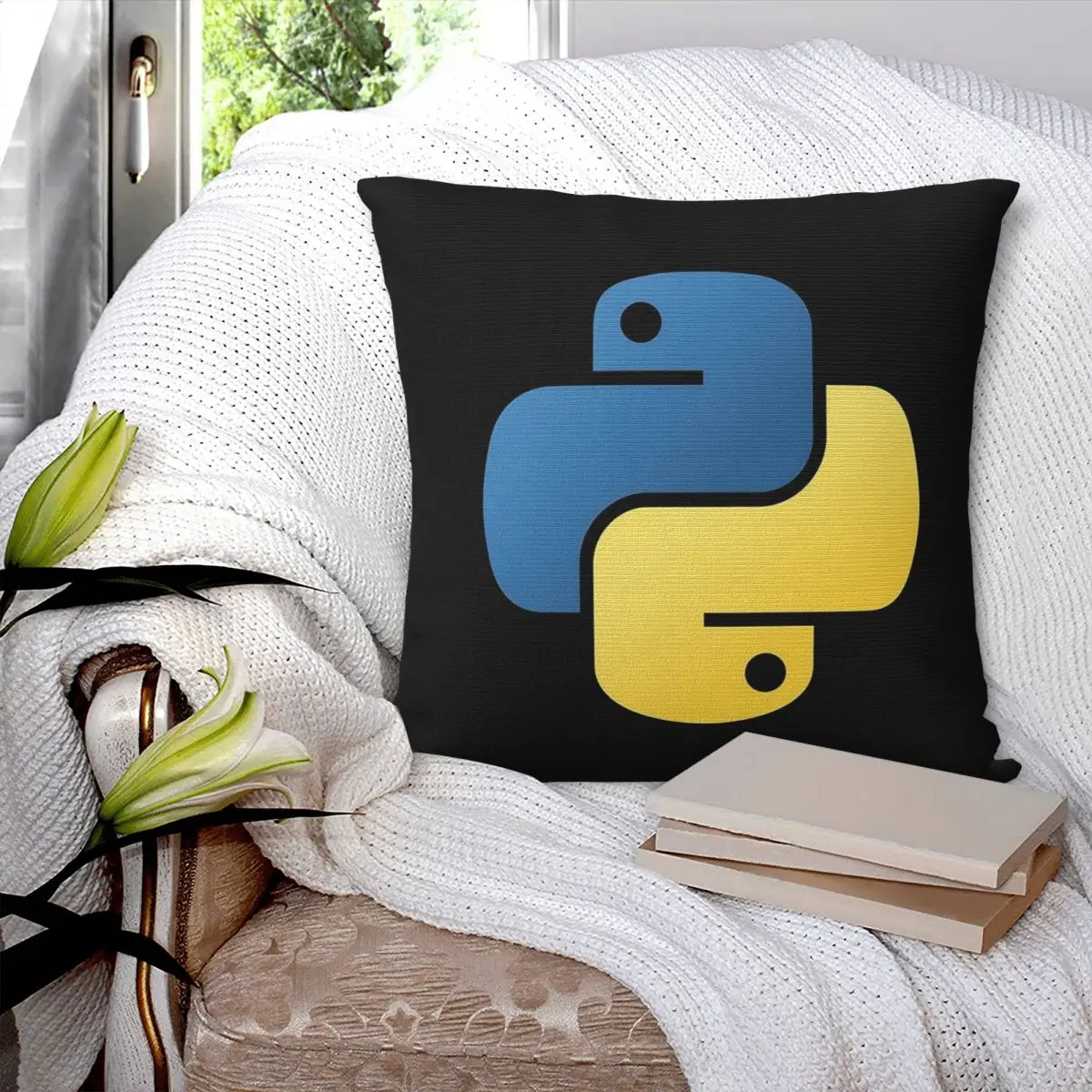 Official Python Logo Black Square Pillowcase Pillow Cover Polyester Cushion Decor Comfort Throw Pillow for Home Car