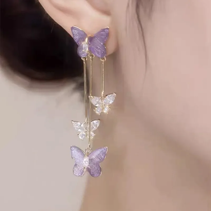 Purple Long Tassel Butterfly Earrings Luxurious Women's Beautifully Jewelry Valentine's Day Birthday Gift