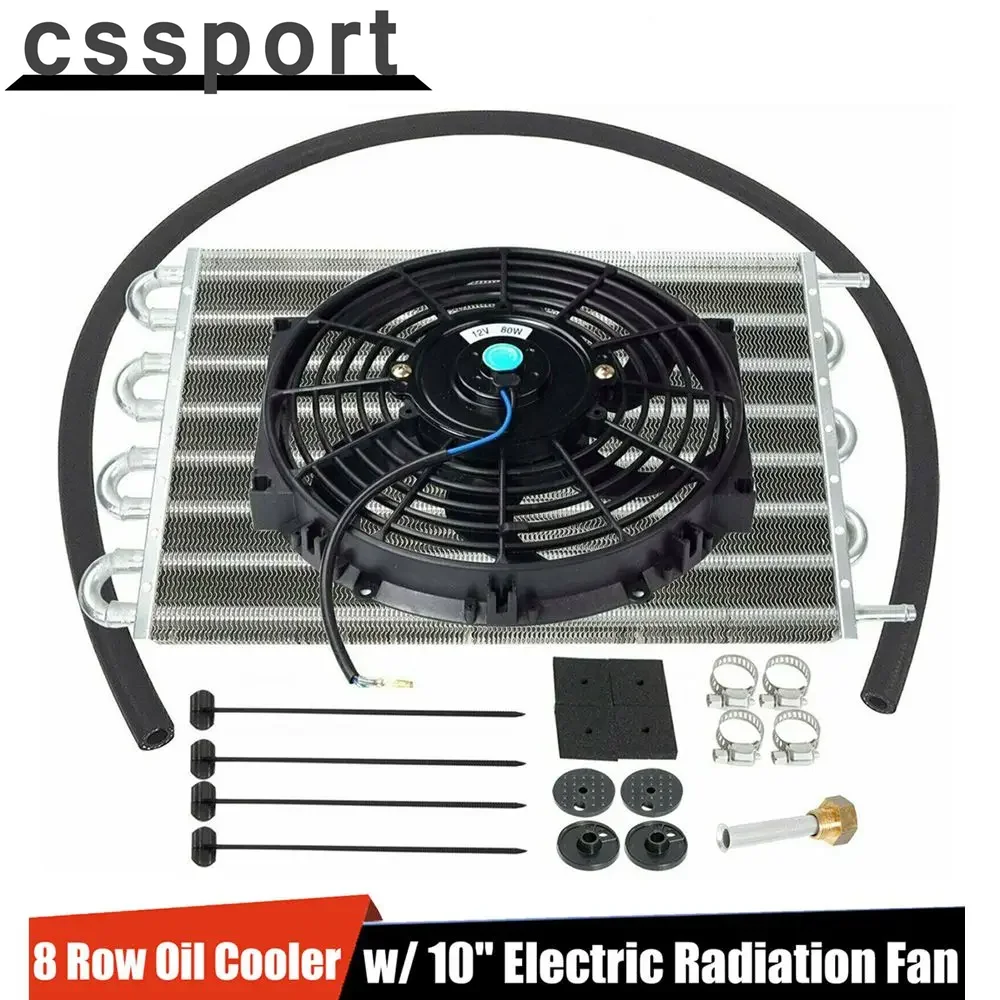 Aluminum Universal 8 Row Transmission Radiator Oil Cooling + 10 Inch 12V Car Air Conditioning Electronic Slim Fan Cool Kit