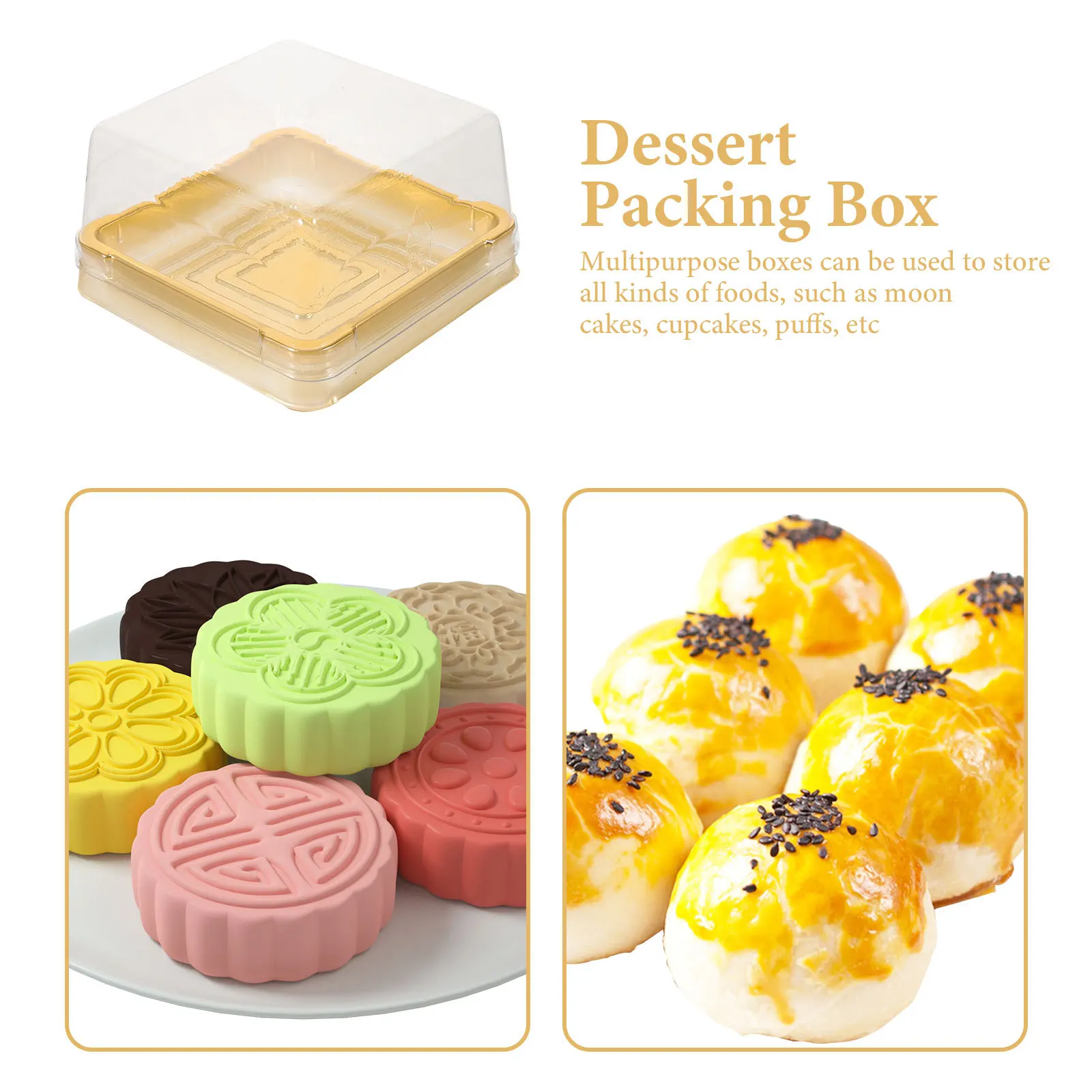 

50pcs Mooncake Boxes 100g Golden Reusable Dessert Containers for Cupcakes Muffins Party Favor Boxes Smooth Transparent Cover