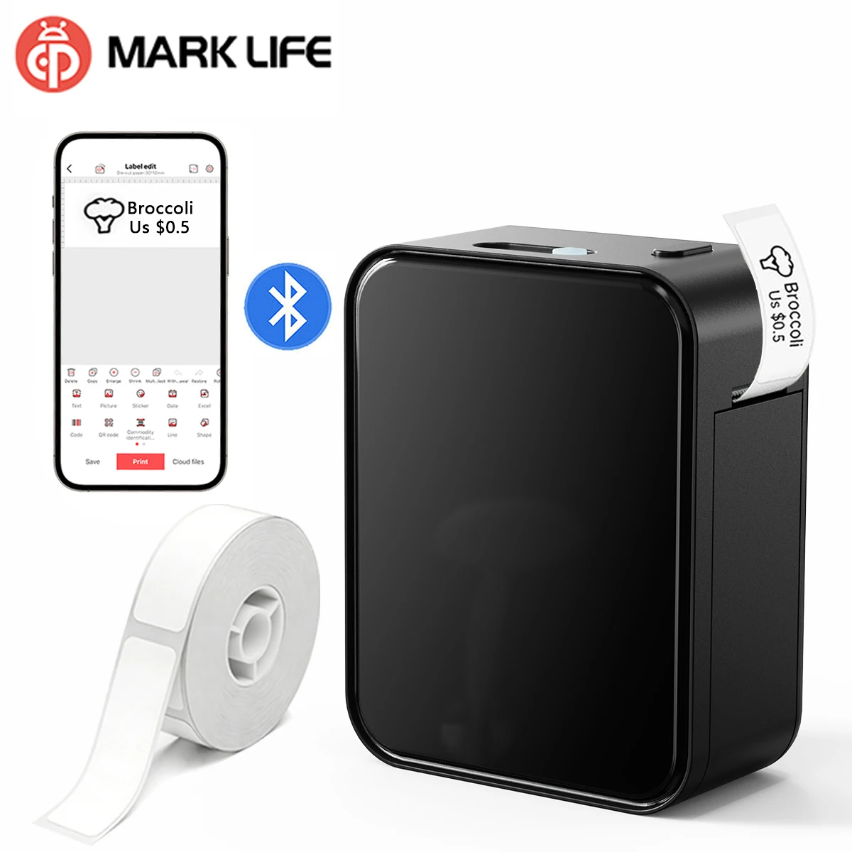 

Marklife P15 Mini Thermal Portable Printer Wireless Bluetooth Label Maker Compatible with Android & iOS For Office Home Tags