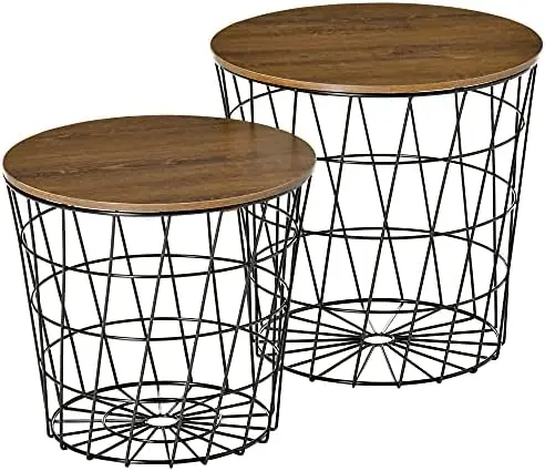 

End Tables Set of 2, Nesting Tables with , Round Accent Side Tables with Removable Top for Living Room, Bedroom, Black/Brown