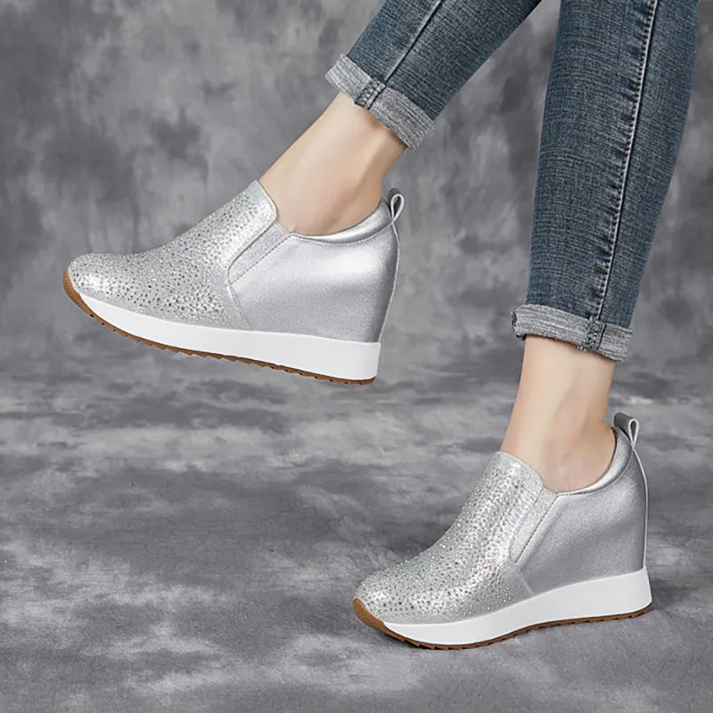 

XMWRLW 2026 Spring Autumn Women Loafers Hidden Heel Fashion Rhinestone Women Wedges Shoes Genuine Leather Loafers Spring Shoes