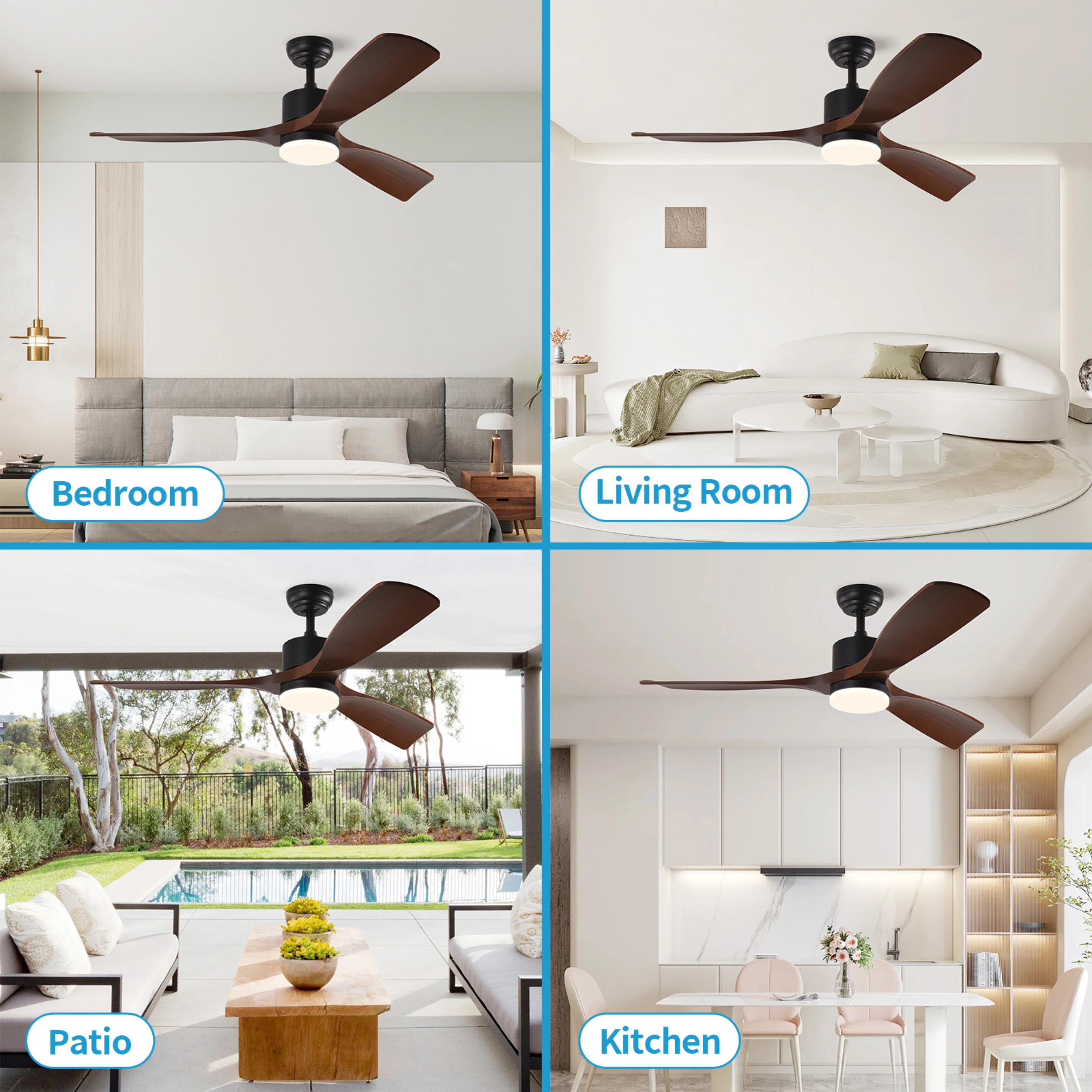 52 Inch Downrod Ceiling Fans with Lights and Remote Control, 3 Blades LED Lights Smart Ceiling Fans for Bedroom, Living Room