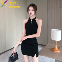 Black Pearl Chain Off-the-shoulder Neck Split Party Dresses 2024 Summer Fashion Elegant Slim Bodycon Sexy Nightclub Dress Luxury