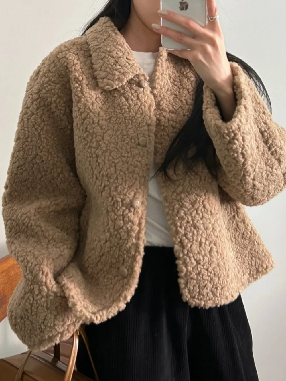 

Chic Winter Faion Anti-Aging Single Button Lapel Loose Versatile Leather And Fur ort Coat Women's Sli Commute Sle