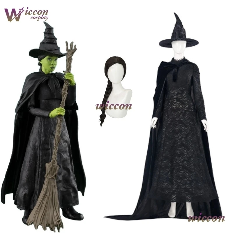 

YesoK Movie Wicked Elphaba Cosplay Costume Black Cloak Dresses Hat Uniform Women Kids Style Halloween RolePlay Party Outfits Wig