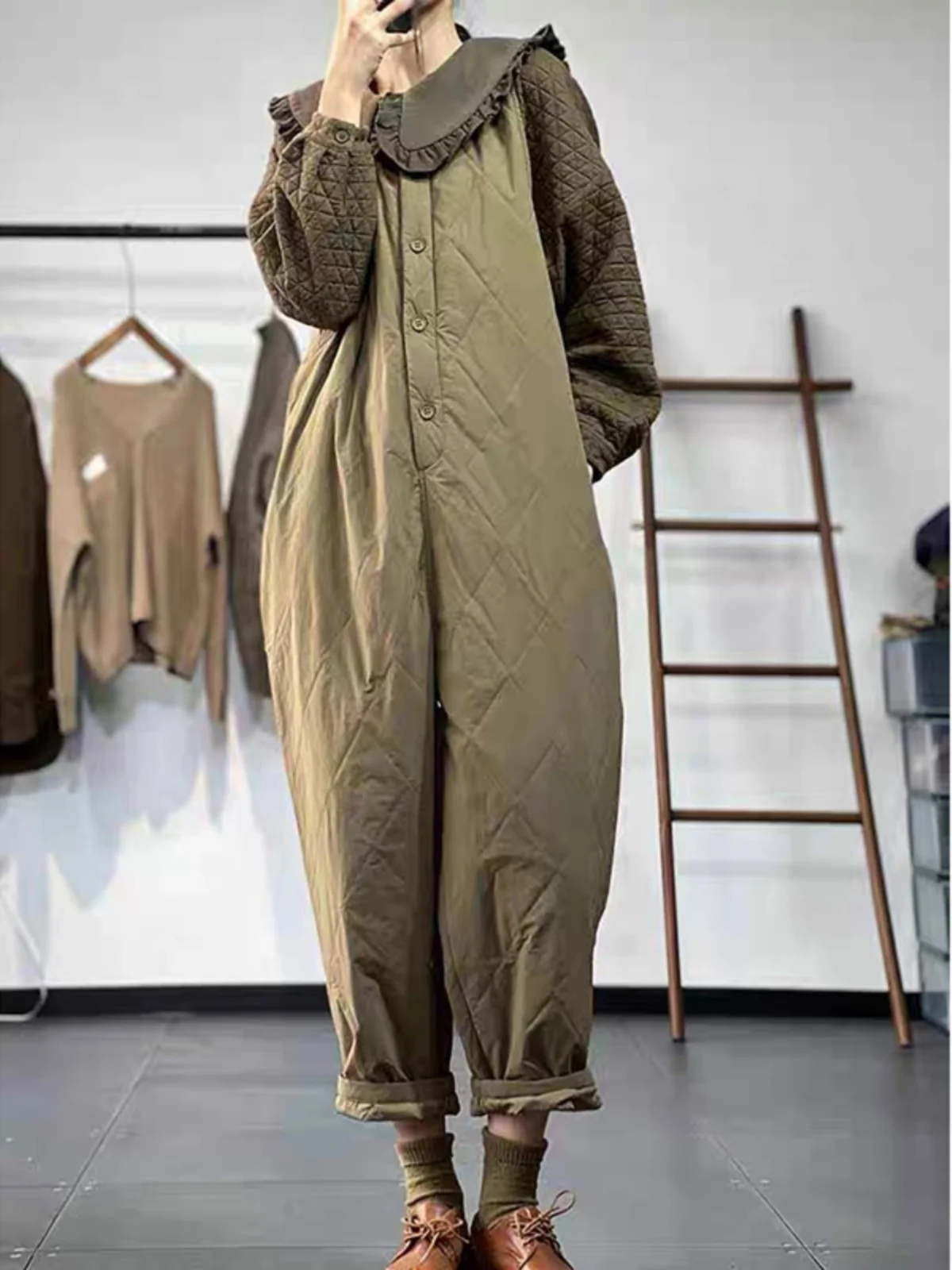 

Модные комбинезоны-брюки из хлопковой смеси для женщин, свободные, универсальные, теплые, стеганые, цельные, для повседневной носки, зимняя одежда