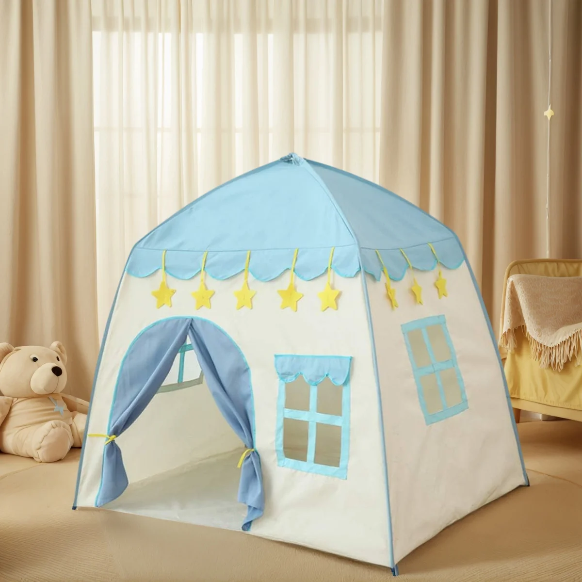 [Outdoor-Erholung] Partyspielzelt für Kinder, blaues Spielzeughaus mit gelbem Stern-Design, Prinzessin-Mädchen-Märchen-Spielzeugschloss, Strandzelt, Weihnachtsgeschenk für Jungen und Mädchen, Weihnachtsgeschenk, Accessoires nicht im Lieferumfang enthalten