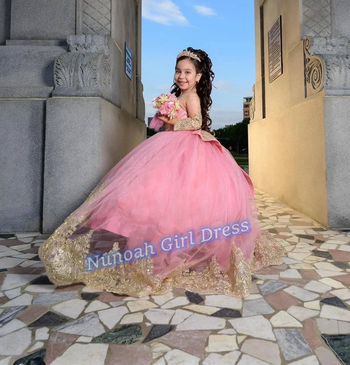 Vestidos de encaje con apliques de flores para niña, vestido de tul de manga larga para boda, vestido de baile de cumpleaños para niños, vestido de fiesta de comunión