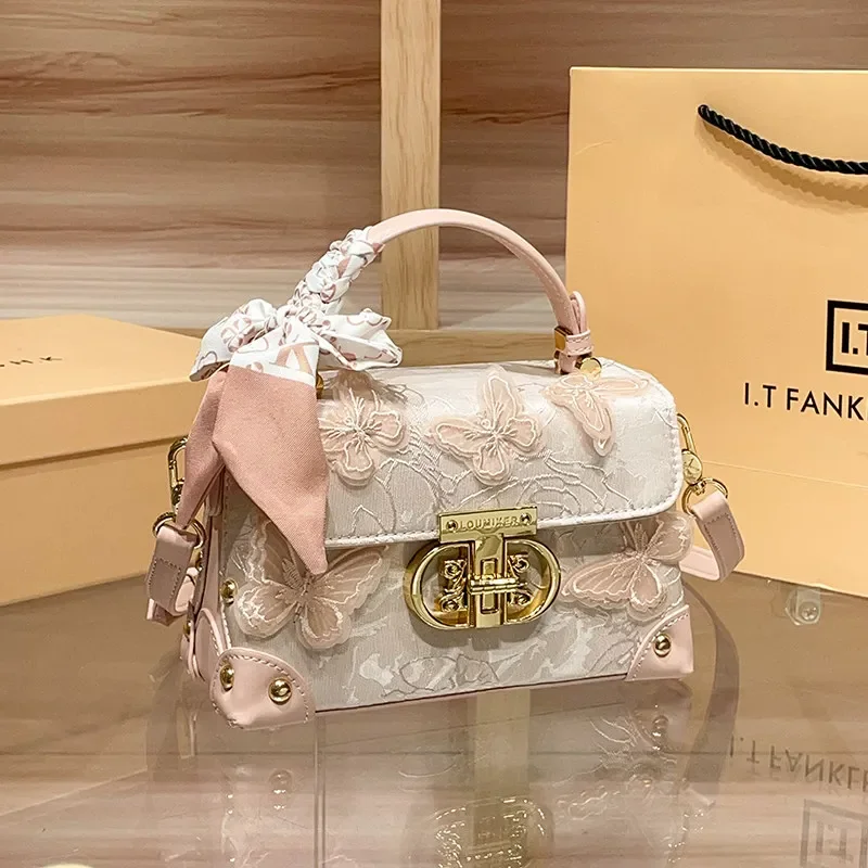 Sweet and Versatile Handheld Box Bag with Delicate Scarves Decoration and Premium Leather 2026 Women's New Fashion Crossbody Bag